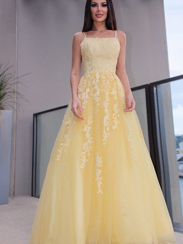 Spaghetti Straps Applique Sleeveless Tulle Floor-Length Dresses