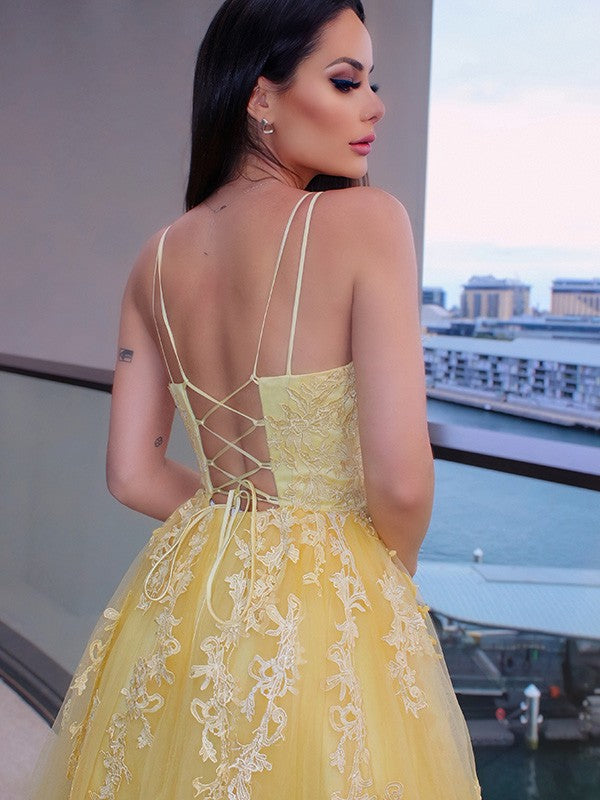 Spaghetti Straps Applique Sleeveless Tulle Floor-Length Dresses