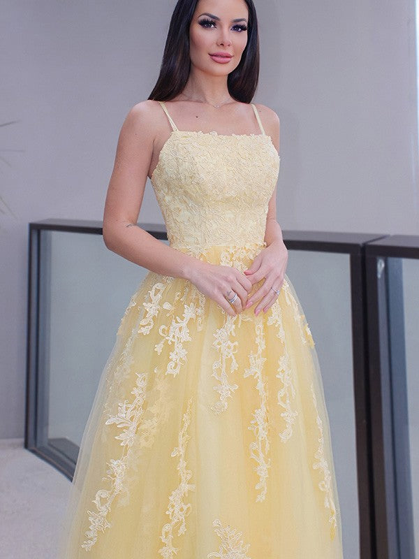 Spaghetti Straps Applique Sleeveless Tulle Floor-Length Dresses