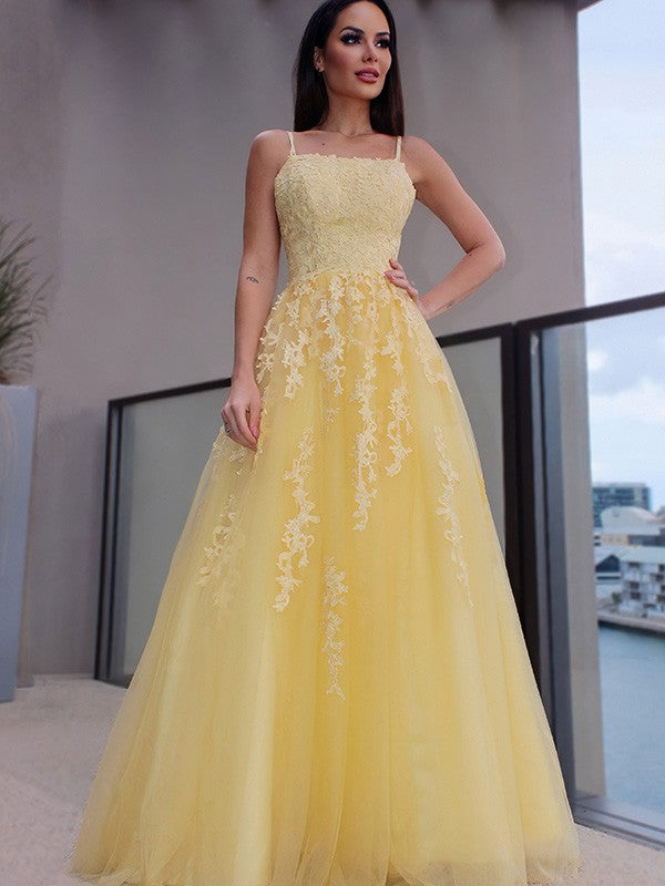 Spaghetti Straps Applique Sleeveless Tulle Floor-Length Dresses