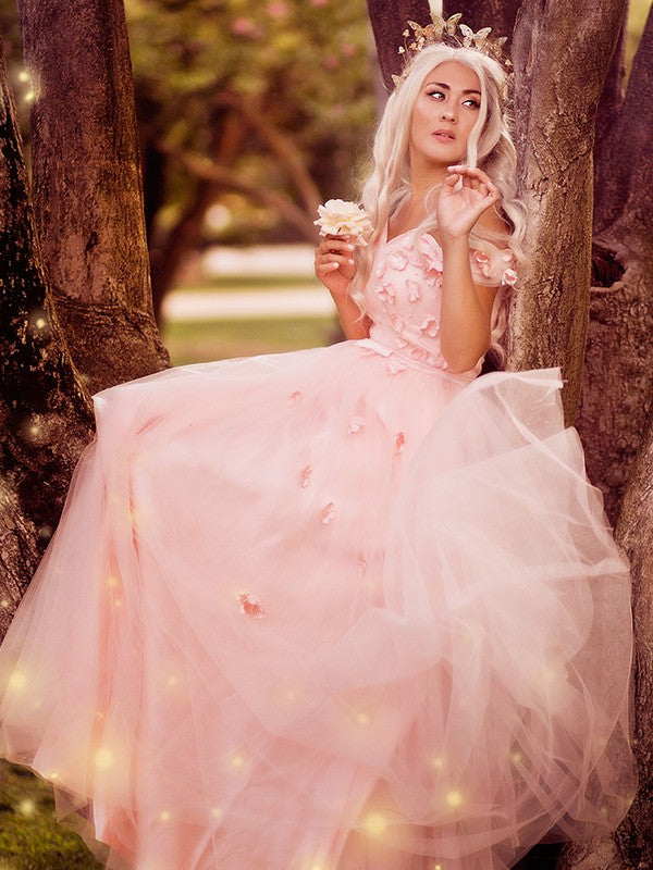 Off-the-Shoulder Applique Tulle Sleeveless Floor-Length Dresses