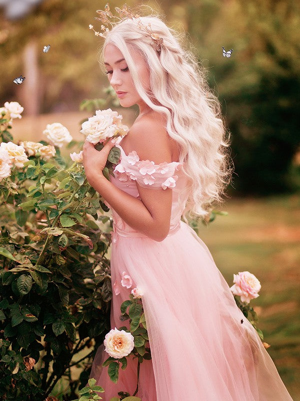 Off-the-Shoulder Applique Tulle Sleeveless Floor-Length Dresses