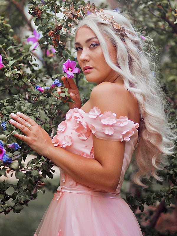 Off-the-Shoulder Applique Tulle Sleeveless Floor-Length Dresses