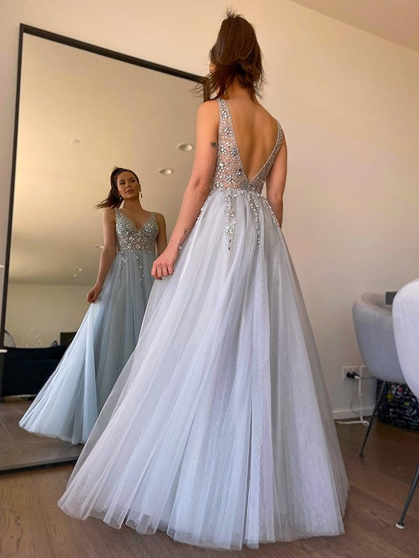 V-neck Beading Tulle Sleeveless Floor-Length Dresses