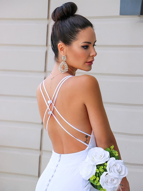 Crepe V-neck Ruched Sleeveless Sweep/Brush Train Wedding Dresses