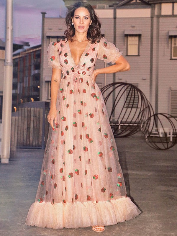 Tulle Ruffles V-neck Short Sleeves Floor-Length Dresses