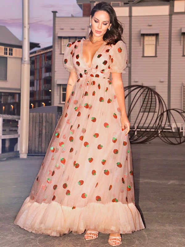 Tulle Ruffles V-neck Short Sleeves Floor-Length Dresses