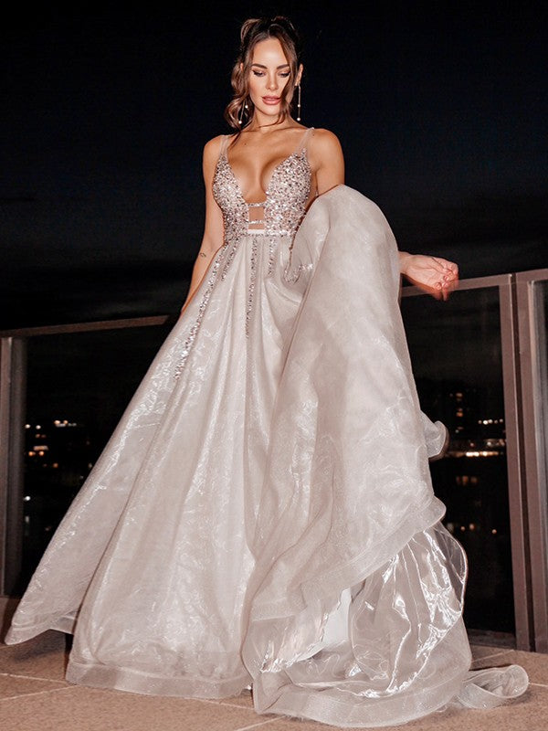 Organza V-neck Sleeveless Beading Sweep/Brush Train Dresses