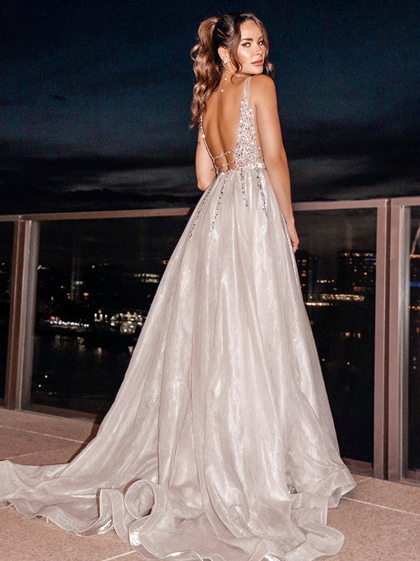 Organza V-neck Sleeveless Beading Sweep/Brush Train Dresses