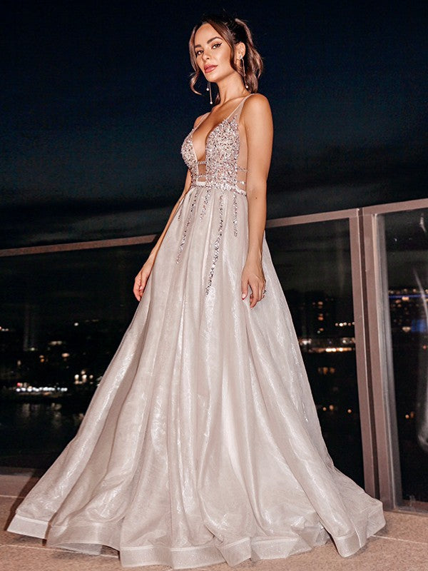 Organza V-neck Sleeveless Beading Sweep/Brush Train Dresses