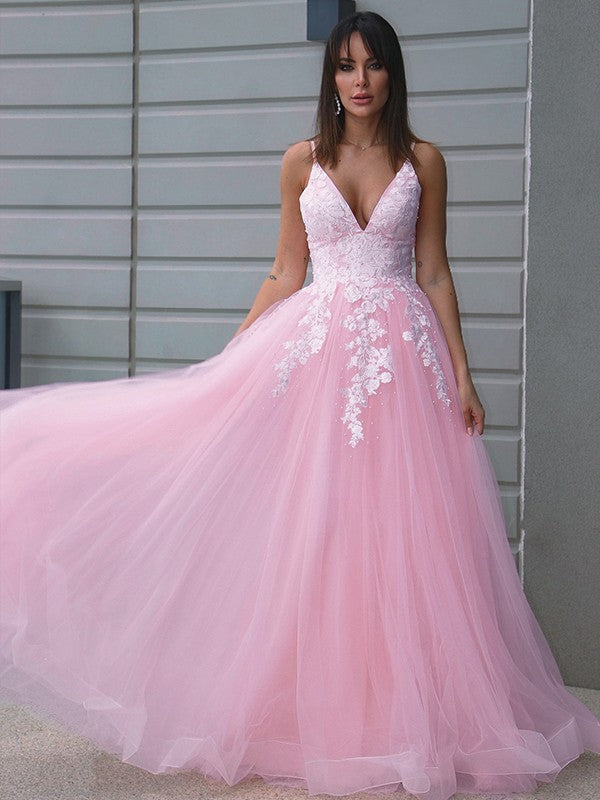 Tulle V-neck Applique Sleeveless Floor-Length Dresses