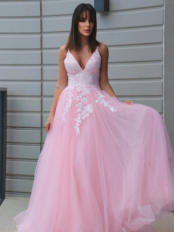Tulle V-neck Applique Sleeveless Floor-Length Dresses