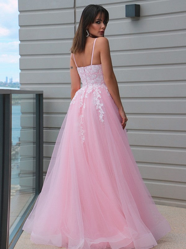 Tulle V-neck Applique Sleeveless Floor-Length Dresses