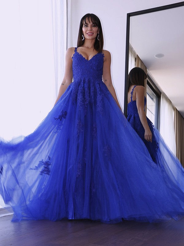 Tulle V-neck Sleeveless Applique Sweep/Brush Train Dresses
