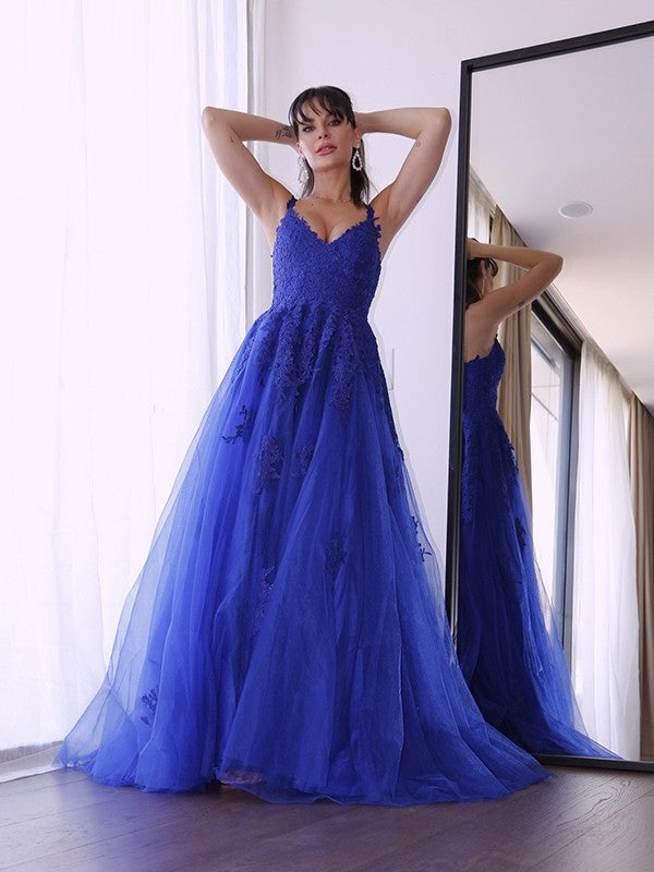 Tulle V-neck Sleeveless Applique Sweep/Brush Train Dresses