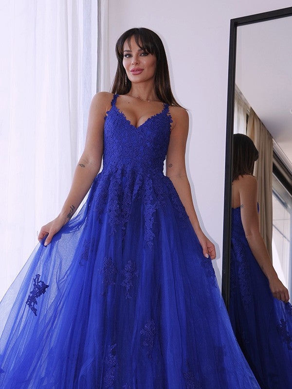 Tulle V-neck Sleeveless Applique Sweep/Brush Train Dresses