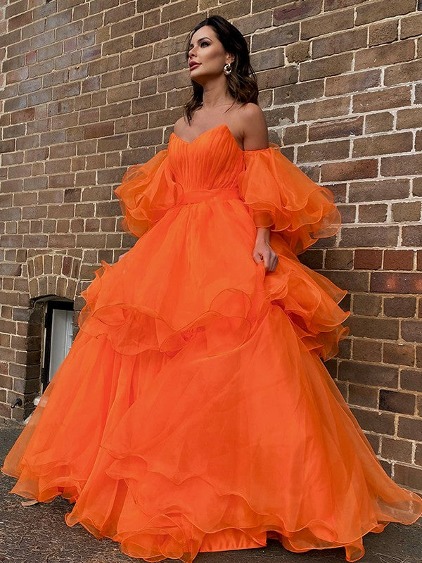 Organza Off-the-Shoulder Layers Long Sleeves Floor-Length Dresses