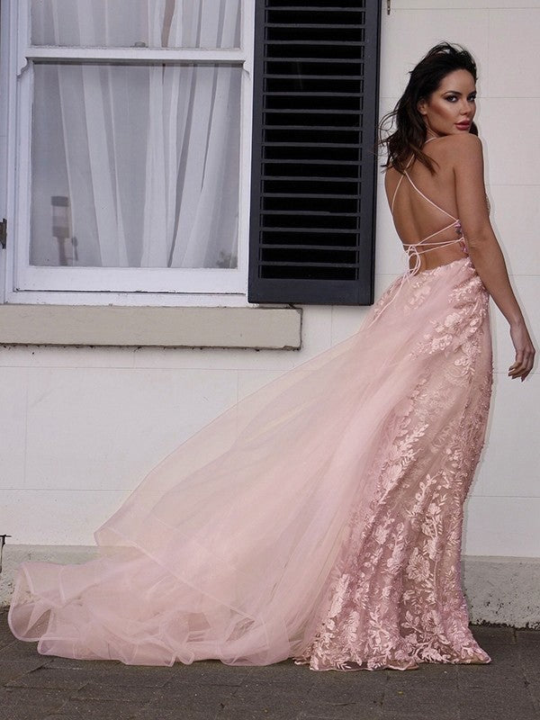 Tulle Applique V-neck Sleeveless Sweep/Brush Train Dresses