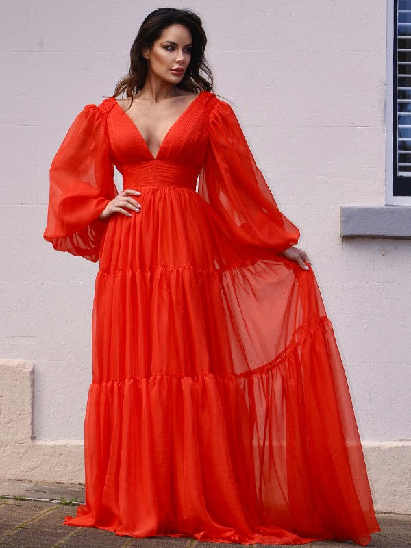 Long Sleeves 30D Chiffon Ruffles Sweep/Brush Train Dresses