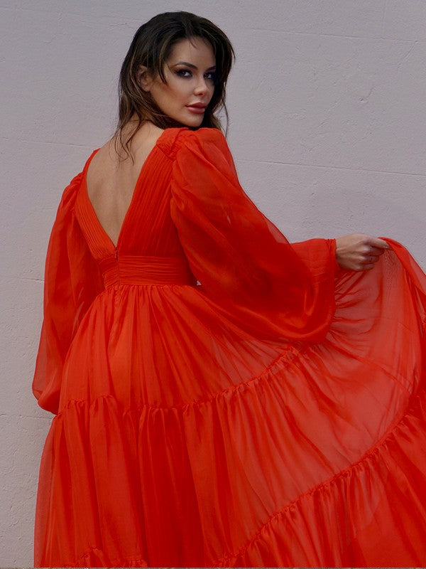Long Sleeves 30D Chiffon Ruffles Sweep/Brush Train Dresses