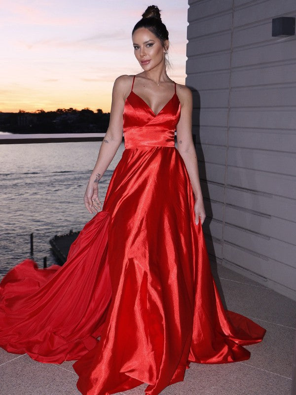 Woven Satin Ruffles V-neck Sleeveless Sweep/Brush Train Dresses