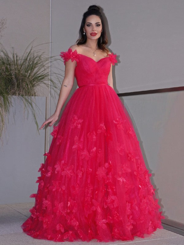 Tulle Hand-Made Flower Off-the-Shoulder Sleeveless Floor-Length Dresses