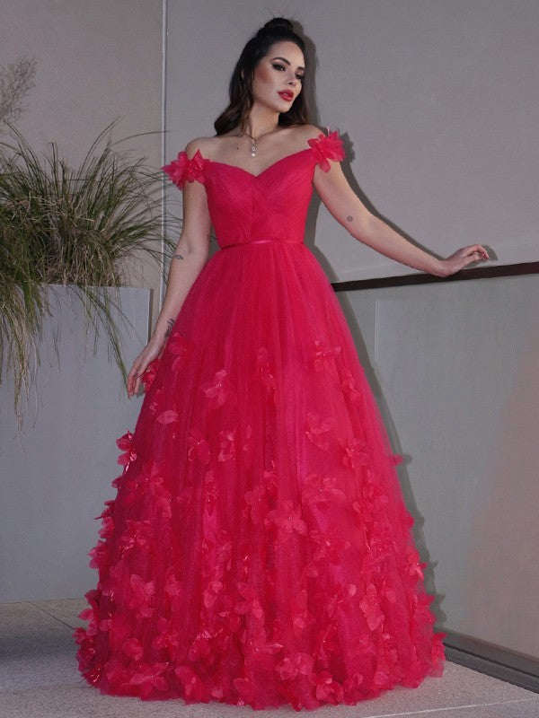 Tulle Hand-Made Flower Off-the-Shoulder Sleeveless Floor-Length Dresses