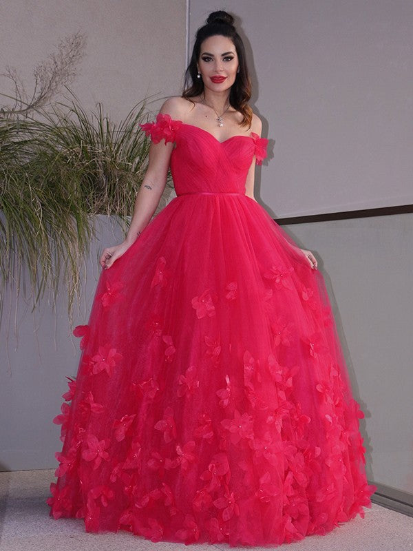 Tulle Hand-Made Flower Off-the-Shoulder Sleeveless Floor-Length Dresses
