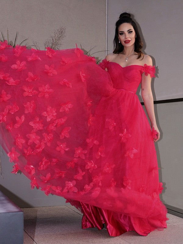 Tulle Hand-Made Flower Off-the-Shoulder Sleeveless Floor-Length Dresses