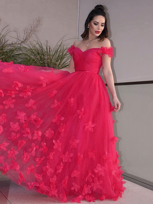 Tulle Hand-Made Flower Off-the-Shoulder Sleeveless Floor-Length Dresses
