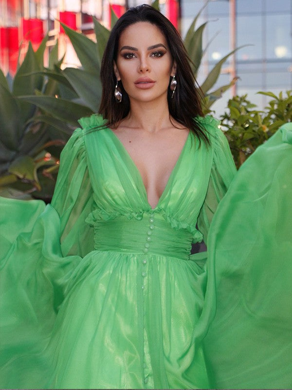 Chiffon Ruffles V-neck Long Sleeves Sweep/Brush Train Dresses