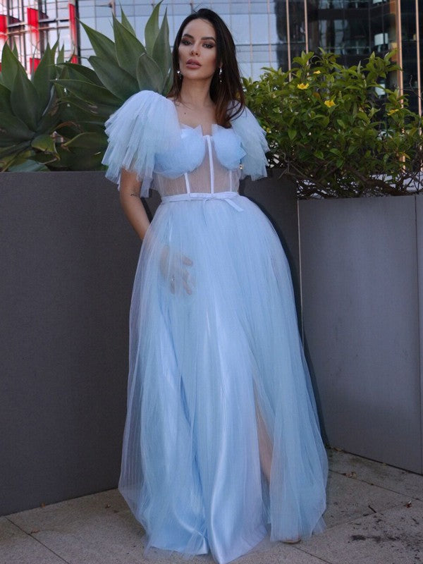 Tulle Ruffles Square Short Sleeves Floor-Length Dresses