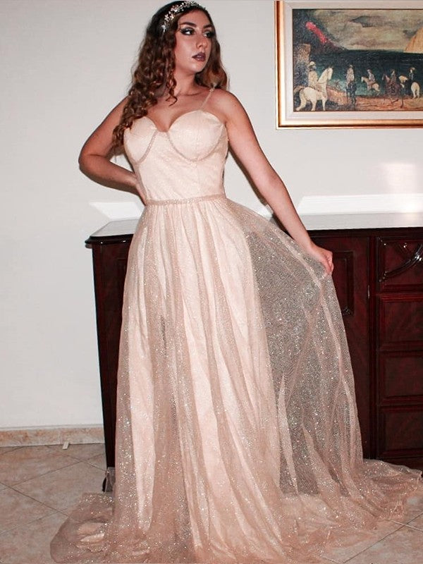 Ruffles Spaghetti Straps Sleeveless Sweep/Brush Train Dresses