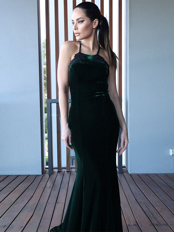 Applique Halter Sleeveless Sweep/Brush Train Dresses