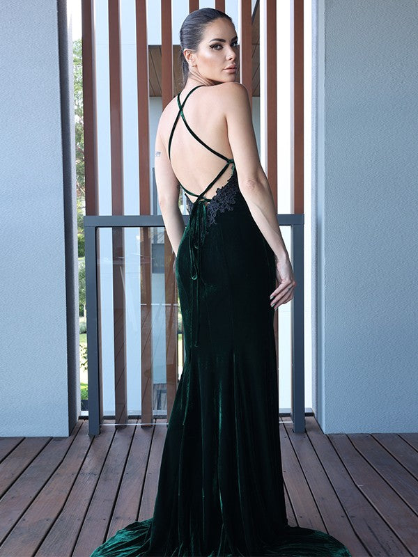 Applique Halter Sleeveless Sweep/Brush Train Dresses