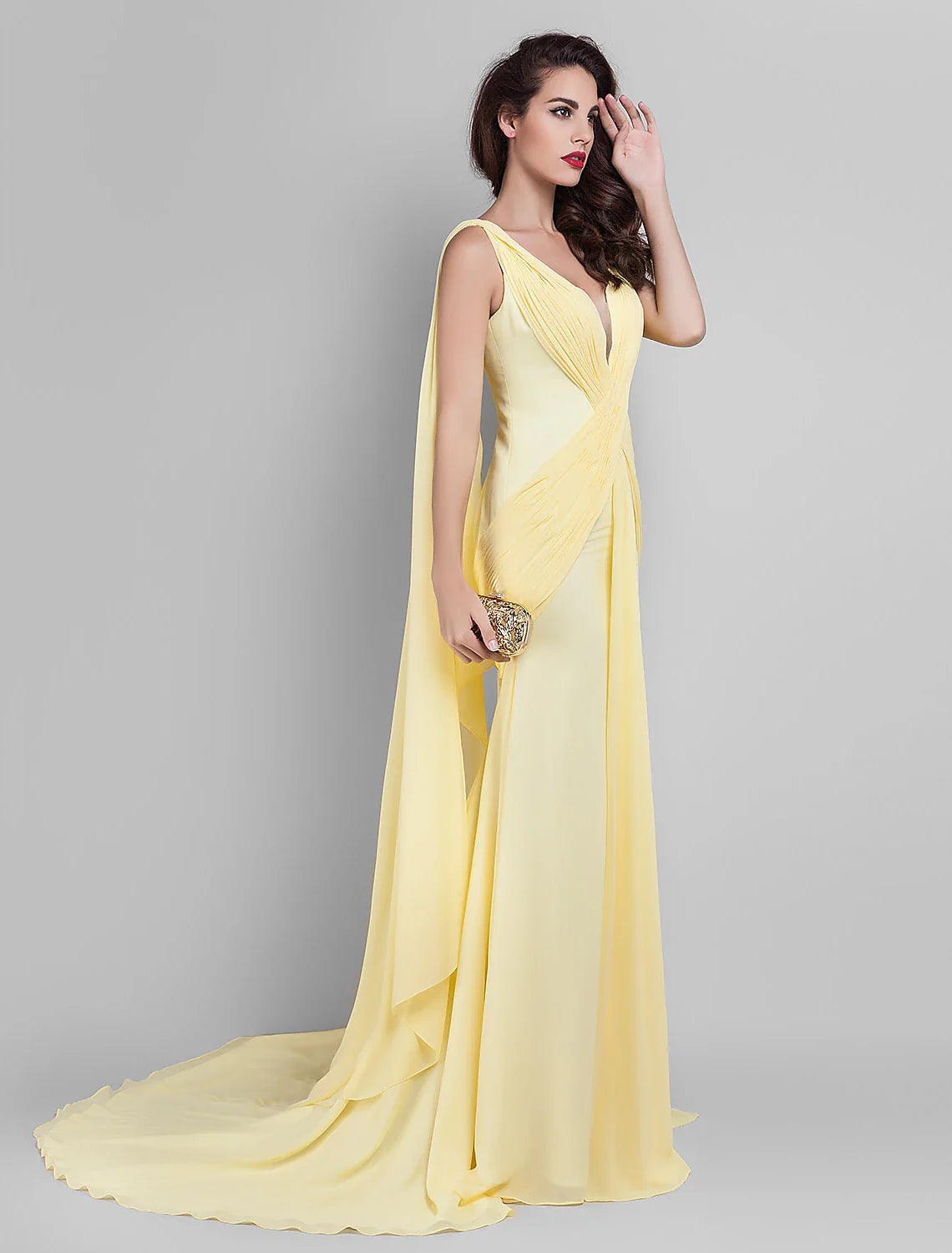 Evening Dress Wedding Guest Prom Court Train Sleeveless Plunging Neck Georgette V Back with Criss Cross Side Draping