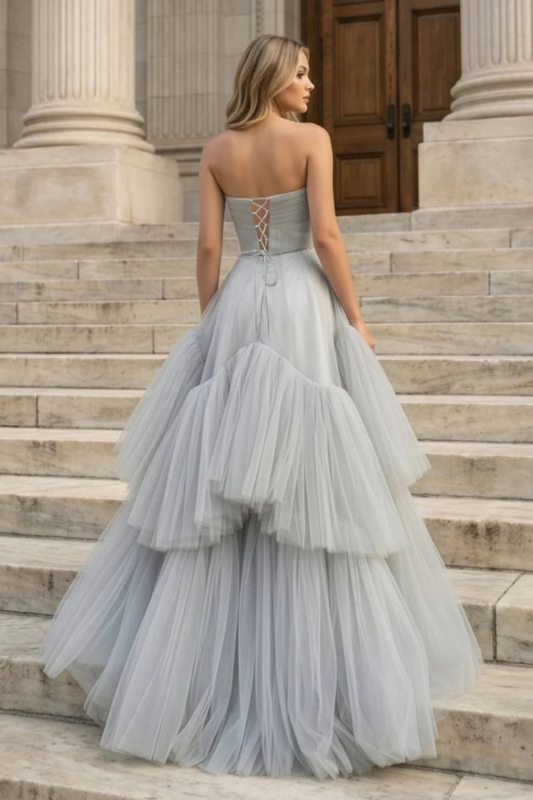 Grey Tulle Ball Gown Sweetheart Lace-Up Back Floor Length Dress
