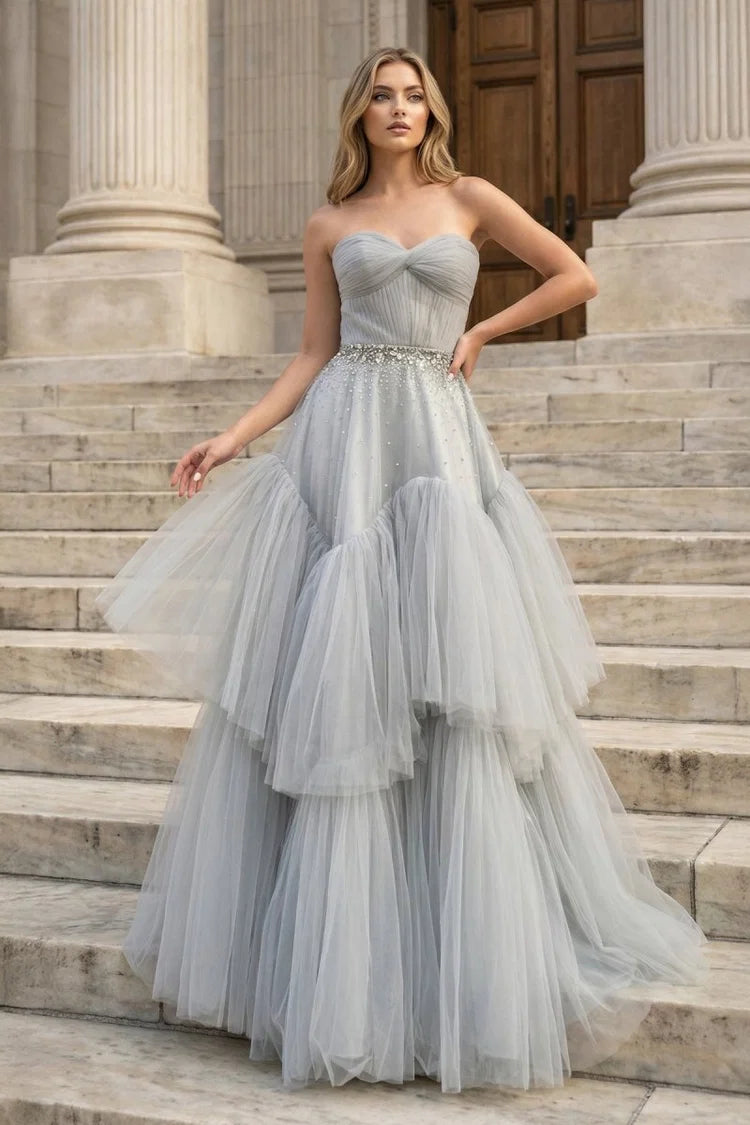 Grey Tulle Ball Gown Sweetheart Lace-Up Back Floor Length Dress