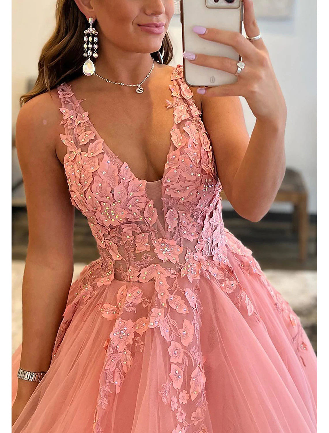 Robe de bal trapèze dos nu, robe formelle pour invité de mariage, longueur au sol, sans manches, col en V, tulle, dos nu