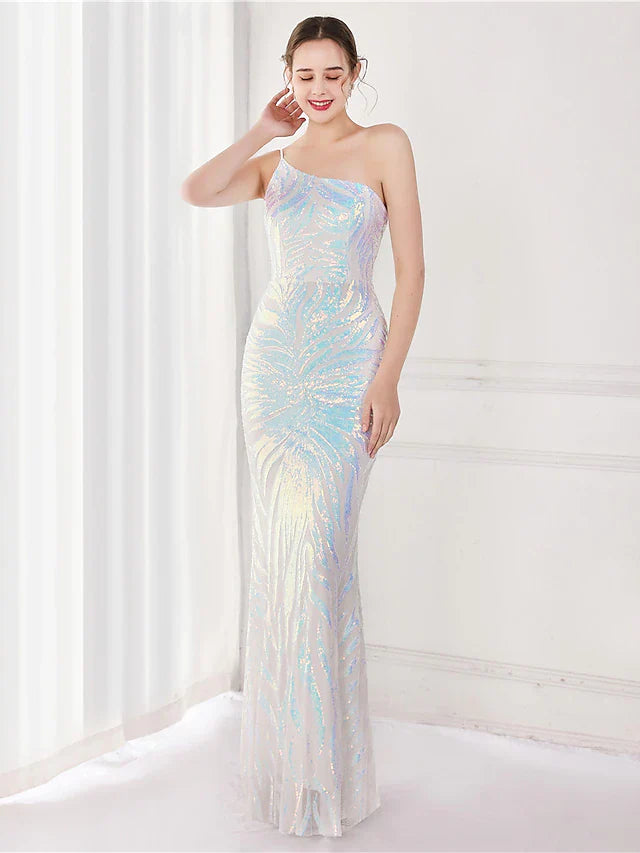 Evening Gown Elegant Dress Wedding Guest Floor Length Sleeveless One Shoulder Sequined V Back
