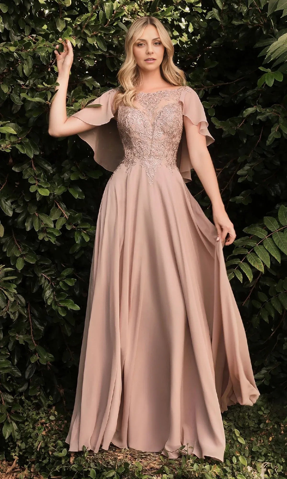 Weitese Dress Elegant Cape-Sleeve Long A-Line Prom Dress Boat Neck Floor-Length Mother of the Bride Dress