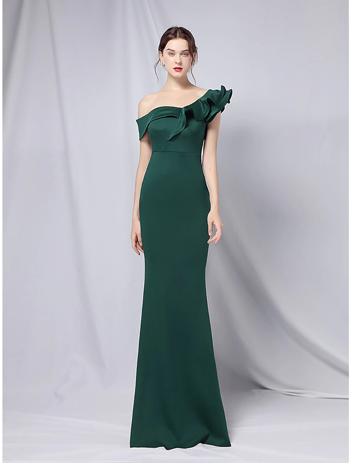 Weitese Mermaid Party Dress Evening Gown Empire Dress Wedding Guest Formal Evening Floor Length Short Sleeve One Shoulder Stretch Satin with Ruffles