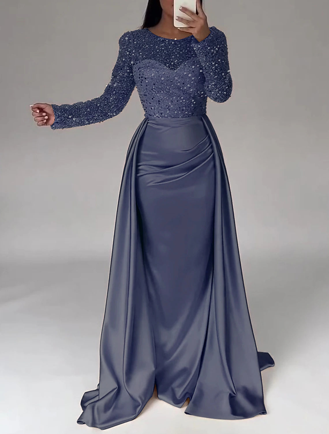 Mermaid Sequin Evening Gown Ruched Satin Dress Long Sleeves Floor Length Sparkle Illusion Neck Prom Wedding Guest Dress