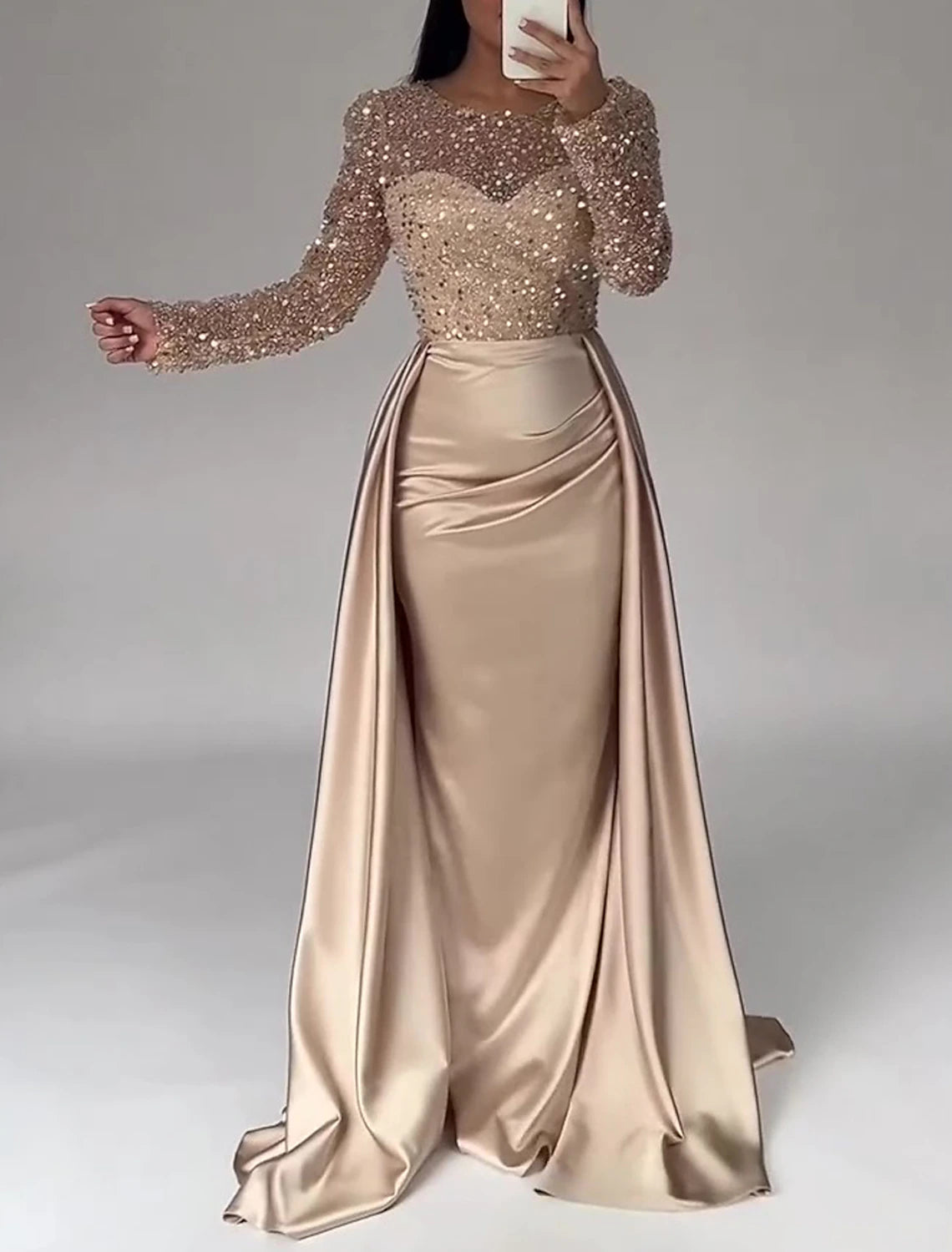 Mermaid Sequin Evening Gown Ruched Satin Dress Long Sleeves Floor Length Sparkle Illusion Neck Prom Wedding Guest Dress