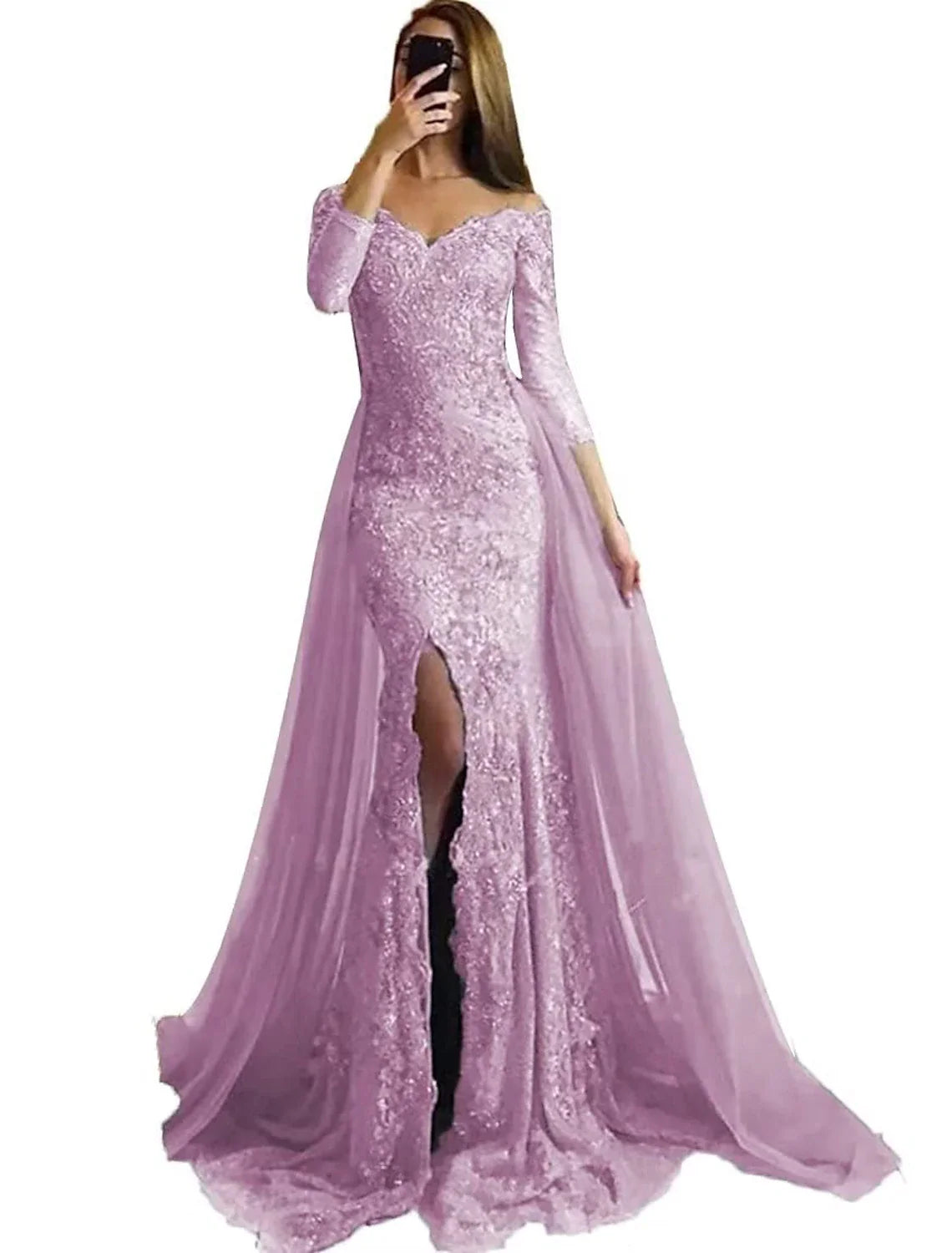 Evening Gown Floral Carnival Dress Formal Wedding Sweep / Brush Train Long Sleeve Off Shoulder Fall Wedding Reception Chiffon with Slit Appliques