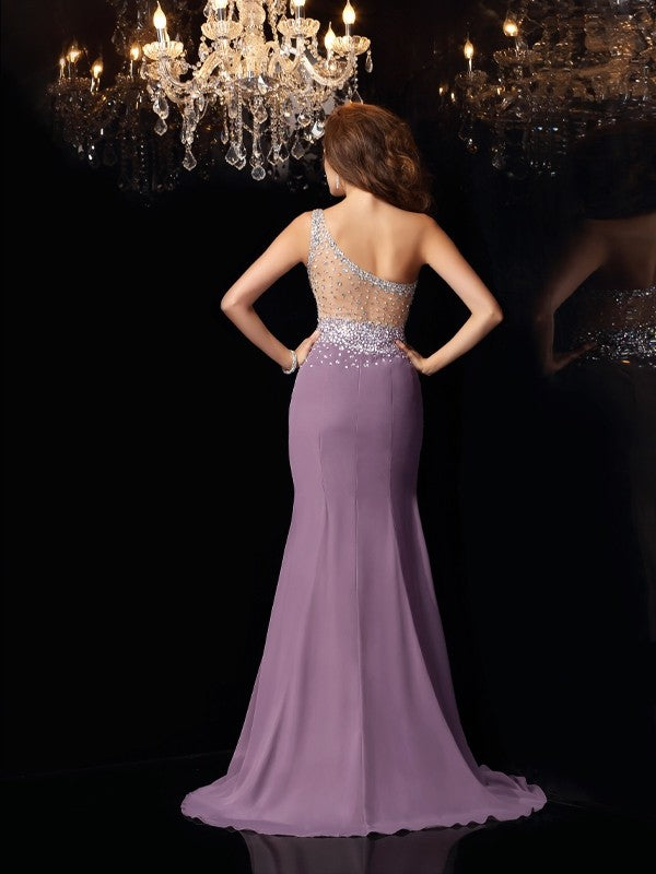 One-Shoulder Rhinestone Sleeveless Long Chiffon Dresses