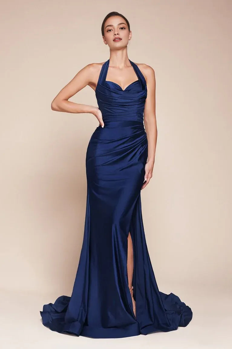 Robe Weitese en satin noir, col licou et coupe sirène pour une robe de bal élégante et intemporelle 