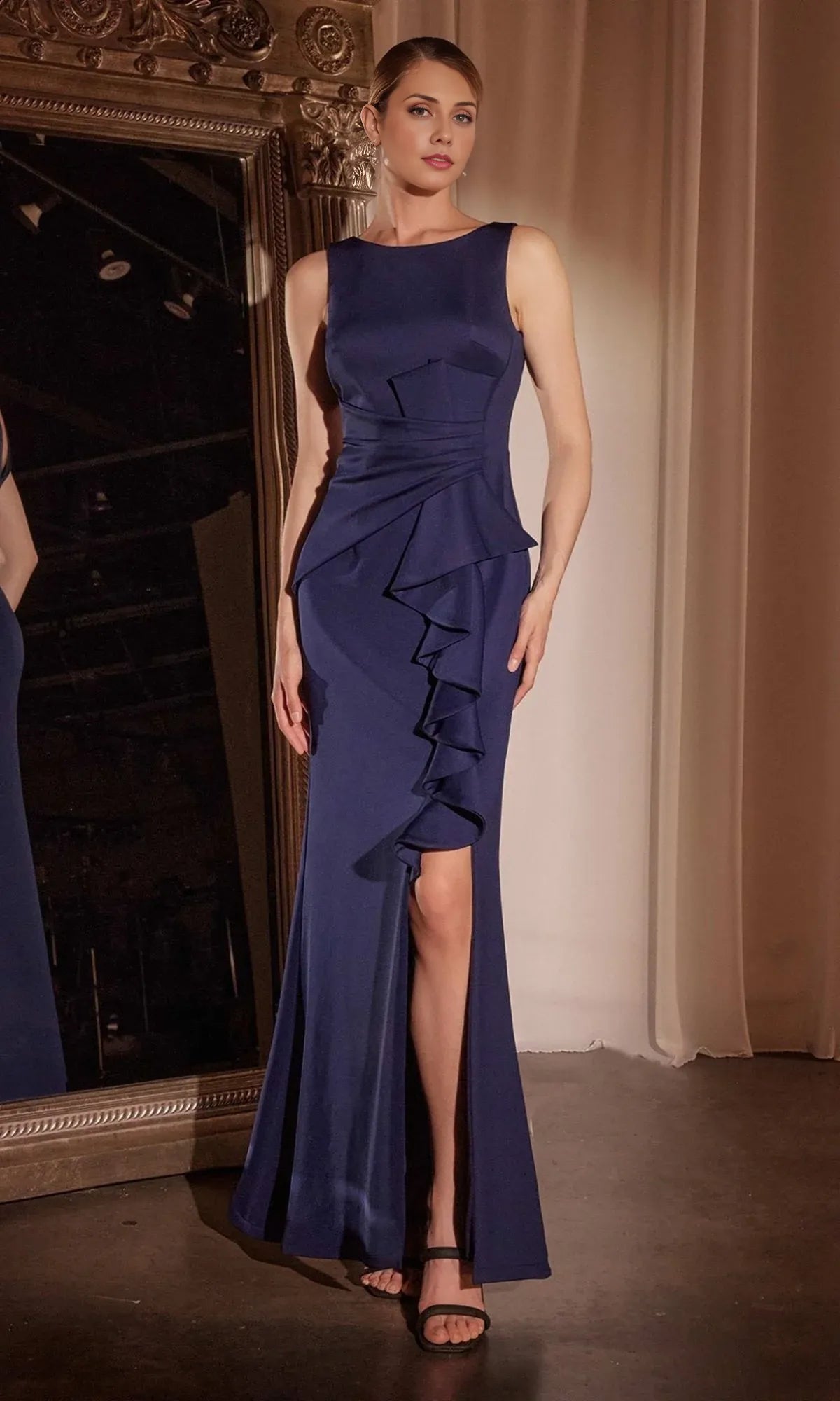 Weitese Dress Drape-Front Long Prom Dress Boat Neck V Back Floor-Length Ruffles Mother of the Bride Dress