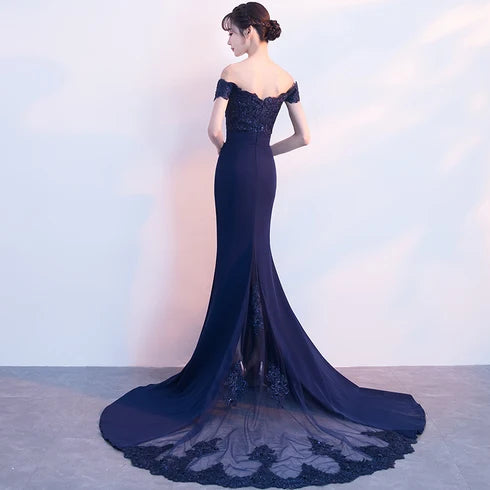 Navy Blue Off Shoulder Lace Mermaid Prom Dress With Sheer Train