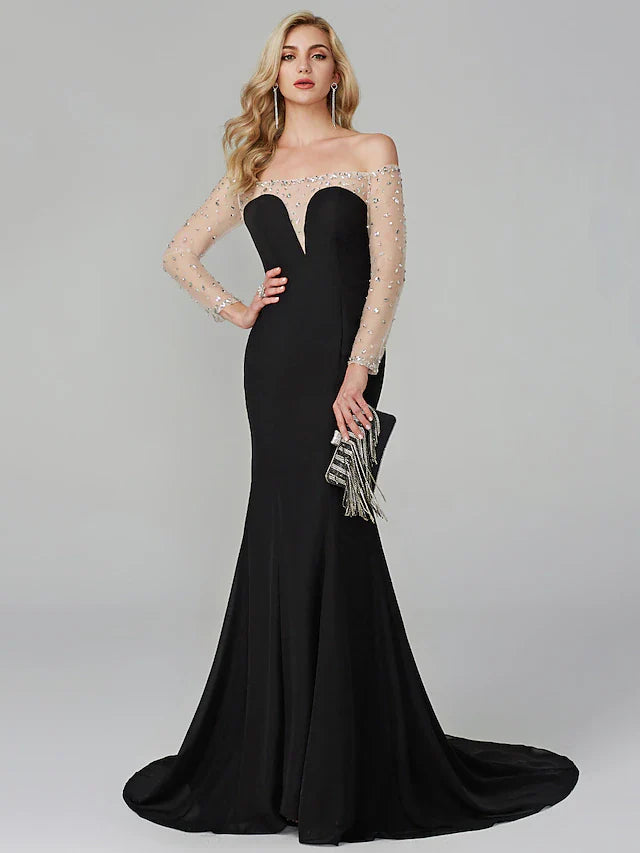 Evening Dress Holiday Floor Length Long Sleeve Off Shoulder Chiffon with Beading